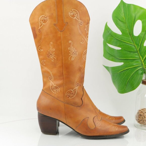 Korkys Womens Eve Western Boot Size 8 Cognac Tan Leather Pointed Block Heel - Picture 3 of 12